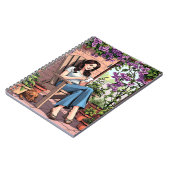 外かわいらしでコーヒーを飲むリラックス女性 ノートブック (左側)