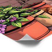 外かわいらしでコーヒーを飲むリラックス女性 ポスター (角)