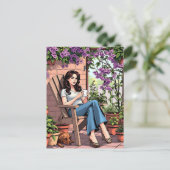 外かわいらしでコーヒーを飲むリラックス女性 ポストカード (スタンド正面)