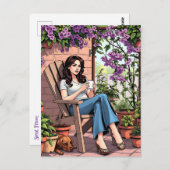 外かわいらしでコーヒーを飲むリラックス女性 ポストカード (正面/裏面)