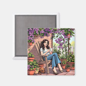 外かわいらしでコーヒーを飲むリラックス女性 マグネット (正面/裏面)