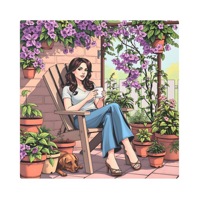 外かわいらしでコーヒーを飲むリラックス女性 メタルプリント (正面)