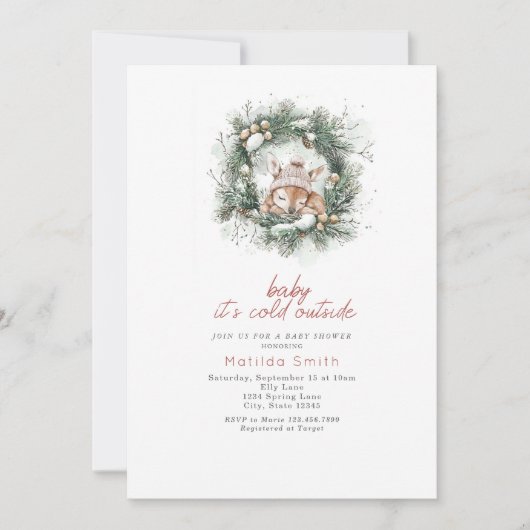 外が寒い キュートな鹿のベビーシャワー 招待状 (正面)