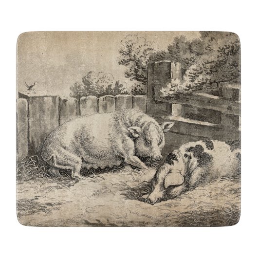 外のペンで藁に寝ている2匹の豚 カッティングボード (正面)