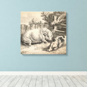 外のペンで藁に寝ている2匹の豚 キャンバスプリント (インサイチュ (ウッドフロア))