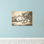 外のペンで藁に寝ている2匹の豚 キャンバスプリント (インサイチュ (ウッドフロア))