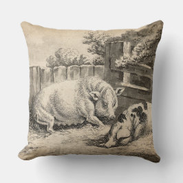 外のペンで藁に寝ている2匹の豚 クッション