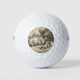 外のペンで藁に寝ている2匹の豚 ゴルフボール