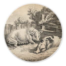 外のペンで藁に寝ている2匹の豚 セラミックノブ