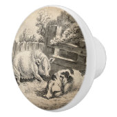 外のペンで藁に寝ている2匹の豚 セラミックノブ (右)