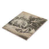 外のペンで藁に寝ている2匹の豚 タイル (側面)