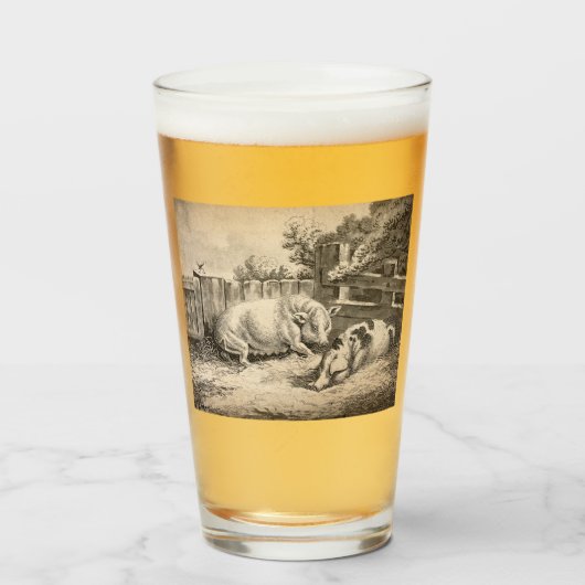 外のペンで藁に寝ている2匹の豚 タンブラーグラス (ドリンク正面)