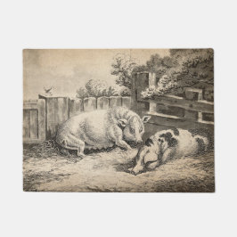 外のペンで藁に寝ている2匹の豚 ドアマット