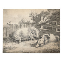 外のペンで藁に寝ている2匹の豚