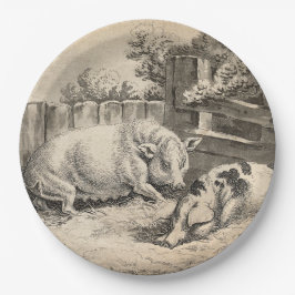 外のペンで藁に寝ている2匹の豚 ペーパープレート