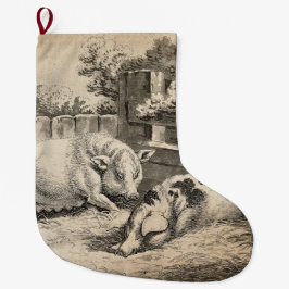 外のペンで藁に寝ている2匹の豚 ラージクリスマスストッキング