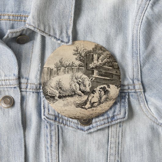 外のペンで藁に寝ている2匹の豚 缶バッジ (インサイチュ)