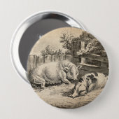 外のペンで藁に寝ている2匹の豚 缶バッジ (正面&裏面)