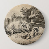 外のペンで藁に寝ている2匹の豚 缶バッジ (正面)