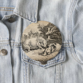 外のペンで藁に寝ている2匹の豚 缶バッジ