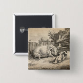 外のペンで藁に寝ている2匹の豚 缶バッジ (正面&裏面)