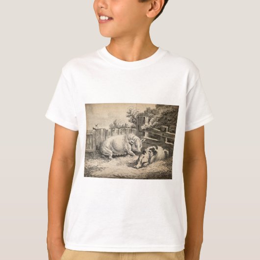 外のペンで藁に寝ている2匹の豚 Tシャツ (正面)