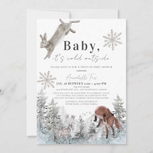 外の動物が車で赤ちゃんシャワーを浴びるのは寒い 招待状 (正面)