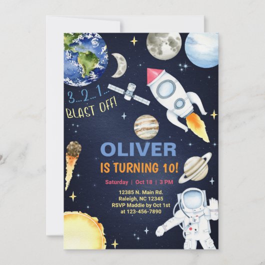 外の宇宙は男の子の誕生日の招待を吹き飛ばす。 inv 招待状 (正面)
