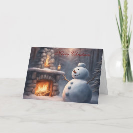 外の暖炉のあるクリスマスの雪だるま カード