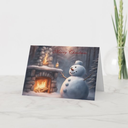 外の暖炉のあるクリスマスの雪だるま カード (正面)