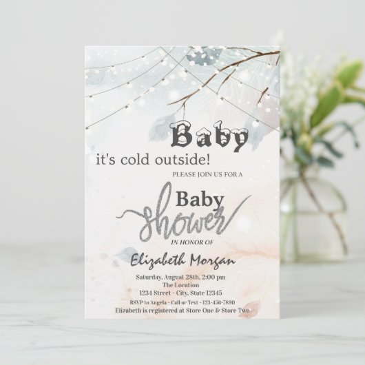 外の木の木の枝の赤ちゃんシャワーが冷たい 招待状 (スタンド正面)
