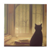 外の木を見る紙がいる机の上の猫 タイル (正面)