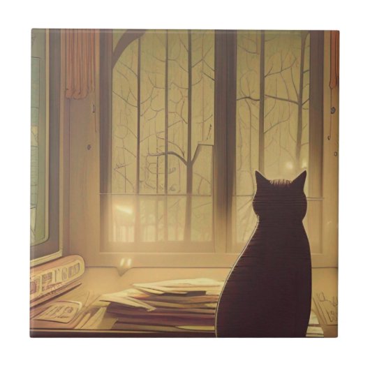 外の木を見る紙がいる机の上の猫 タイル (正面)