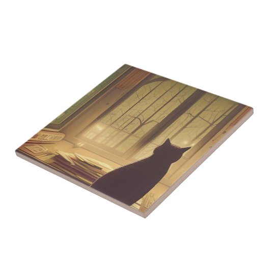 外の木を見る紙がいる机の上の猫 タイル (側面)