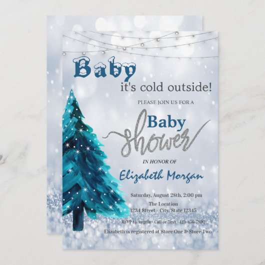 外は冷たい松の木の《写真》ぼけ味赤ちゃんシャワー 招待状 (正面/裏面)