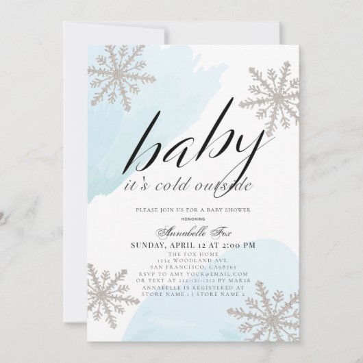 外は冷たい青い水色のベビーシャワー 招待状 (正面)