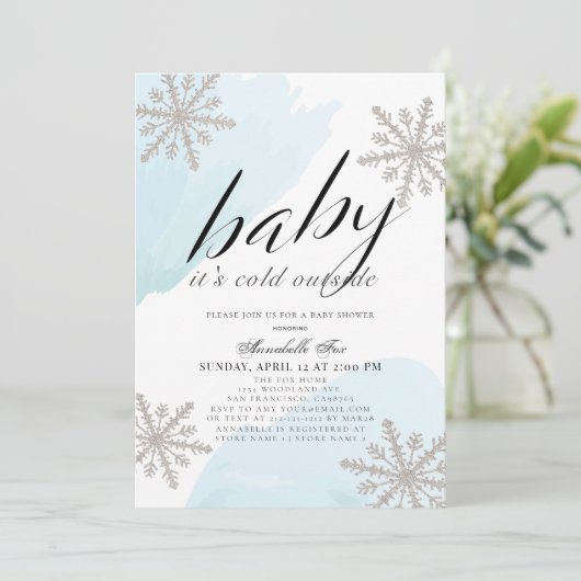 外は冷たい青い水色のベビーシャワー 招待状 (スタンド正面)
