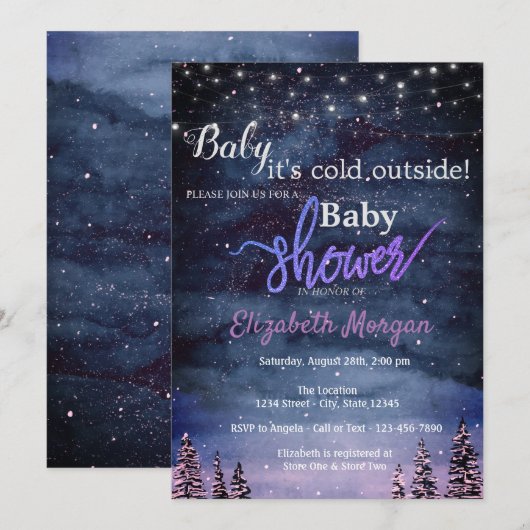 『外は寒いけど、とってもクール!』ウィンターフォレストベイビーシャワー 招待状 (正面/裏面)
