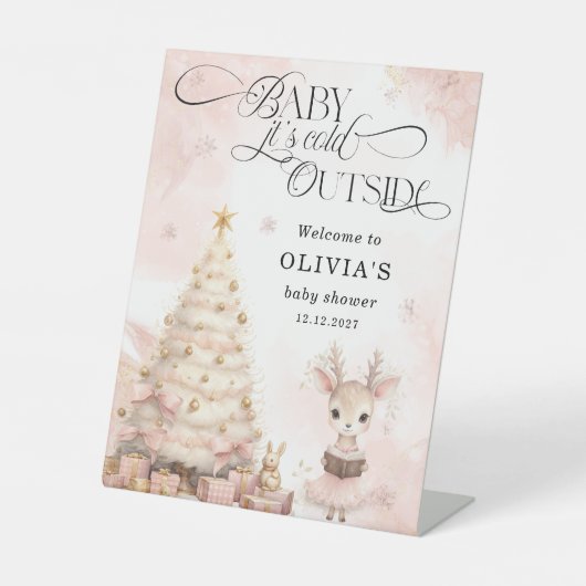 『外は寒いけど』赤ちゃん鹿のベビーシャワーウェルカム 台座サイン (正面)