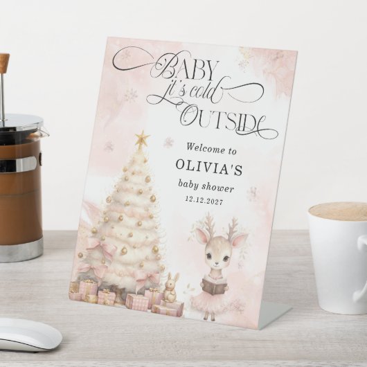 『外は寒いけど』赤ちゃん鹿のベビーシャワーウェルカム 台座サイン (インサイチュ)