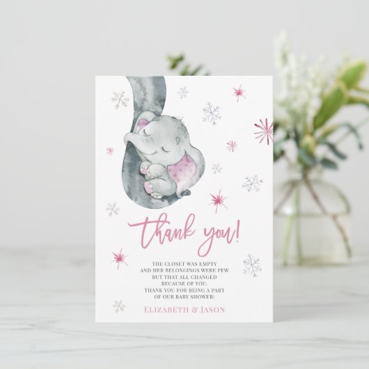 外は寒いゾウ冬の女の子の赤ちゃんシャワー サンキューカード (スタンド正面)
