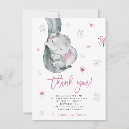 外は寒いゾウ冬の女の子の赤ちゃんシャワー サンキューカード (正面)