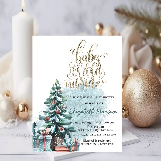 外は寒い松の木のプレゼント赤ちゃんシャワー 招待状