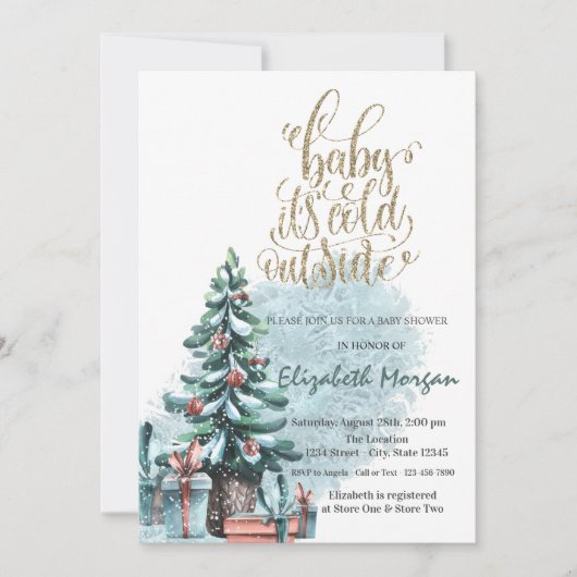 外は寒い松の木のプレゼント赤ちゃんシャワー 招待状 (正面)