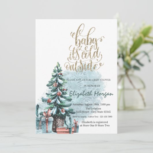 外は寒い松の木のプレゼント赤ちゃんシャワー 招待状 (スタンド正面)