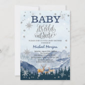 『外は寒い』サンタのトナカイと山 赤ちゃんのお披露目パーティー 招待状 (正面)