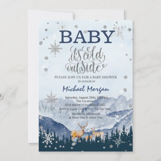 『外は寒い』サンタのトナカイと山 赤ちゃんのお披露目パーティー 招待状 (正面)