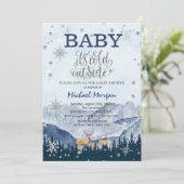 『外は寒い』サンタのトナカイと山 赤ちゃんのお披露目パーティー 招待状 (スタンド正面)