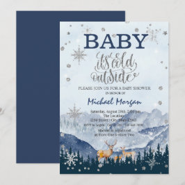 『外は寒い』サンタのトナカイと山 赤ちゃんのお披露目パーティー 招待状