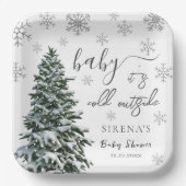 外は寒い |冬の木の灰色の赤ちゃんシャワー ペーパープレート (正面)